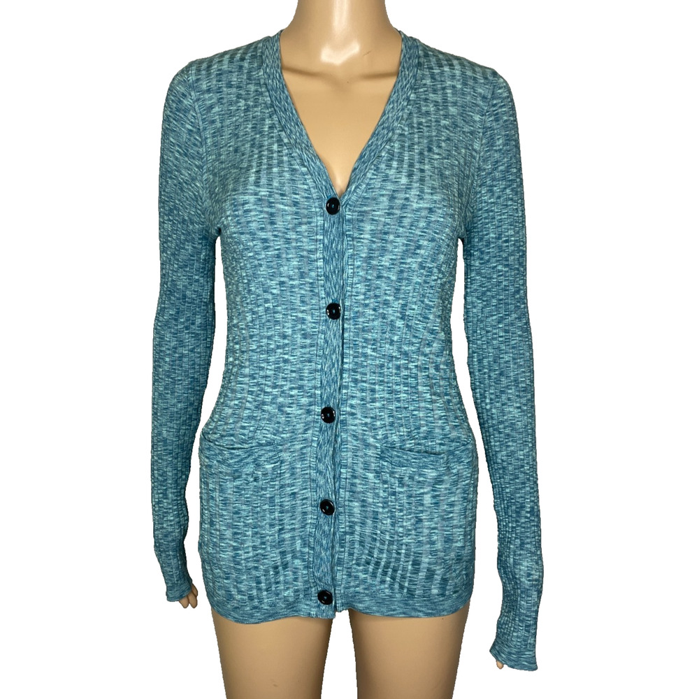 Women's Medium Athleta Revolve Cardigan Ribbed Heathered Teal Button Sweater